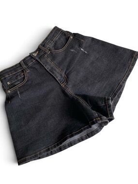 WeWoreWhat Black Denim Flare Shorts High Rise Contrast Stitch Distressed Sz 24